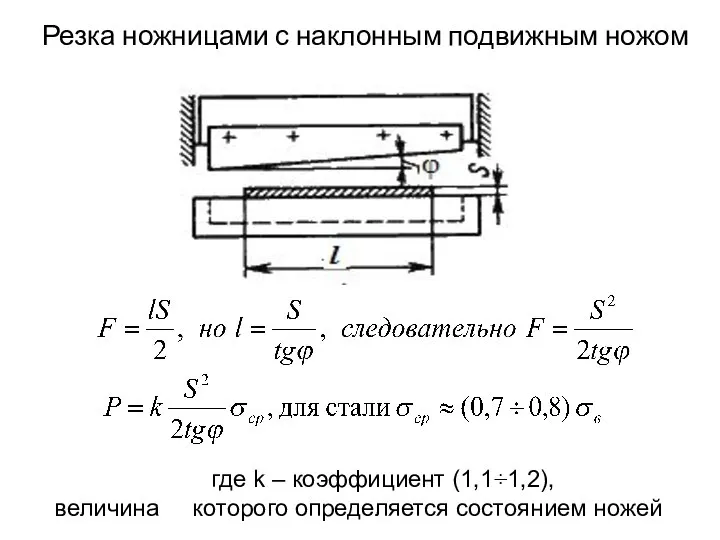 Резка ножницами с наклонным подвижным ножом где k – коэффициент (1,1÷1,2), величина которого определяется состоянием ножей