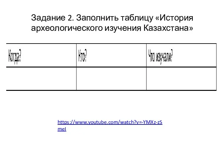 Задание 2. Заполнить таблицу «История археологического изучения Казахстана» https://www.youtube.com/watch?v=-YMXz-zSmeI