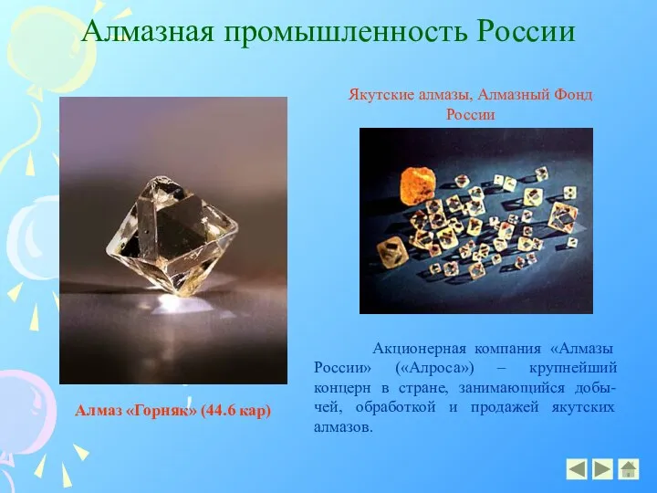 Алмазная промышленность России Алмаз «Горняк» (44.6 кар) Акционерная компания «Алмазы России» («Алроса»)