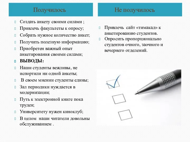 Получилось Не получилось Создать анкету своими силами ; Привлечь факультеты к опросу;