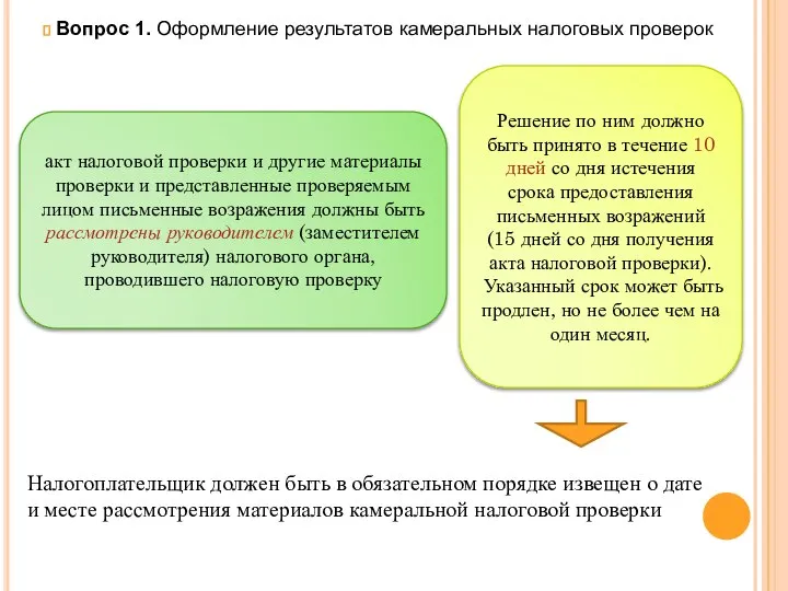 Вопрос 1. Оформление результатов камеральных налоговых проверок акт налоговой проверки и другие