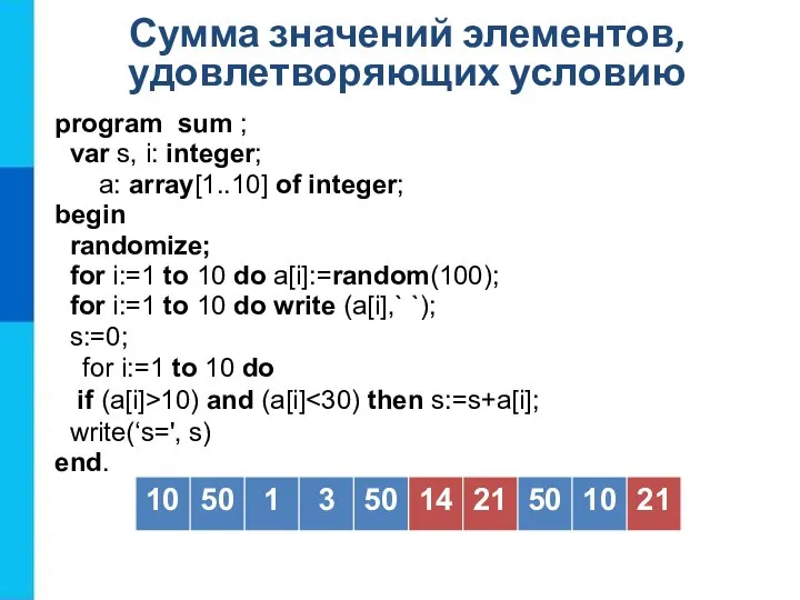 Сумма значений элементов, удовлетворяющих условию program sum ; var s, i: integer;