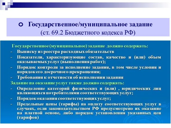 Государственное/муниципальное задание (ст. 69.2 Бюджетного кодекса РФ)