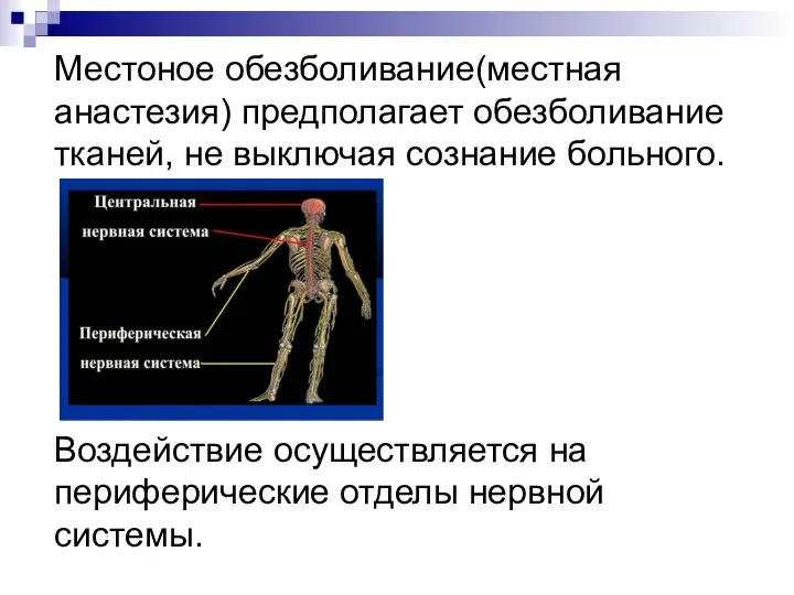 Местоное обезболивание(местная анастезия) предполагает обезболивание тканей, не выключая сознание больного. Воздействие осуществляется