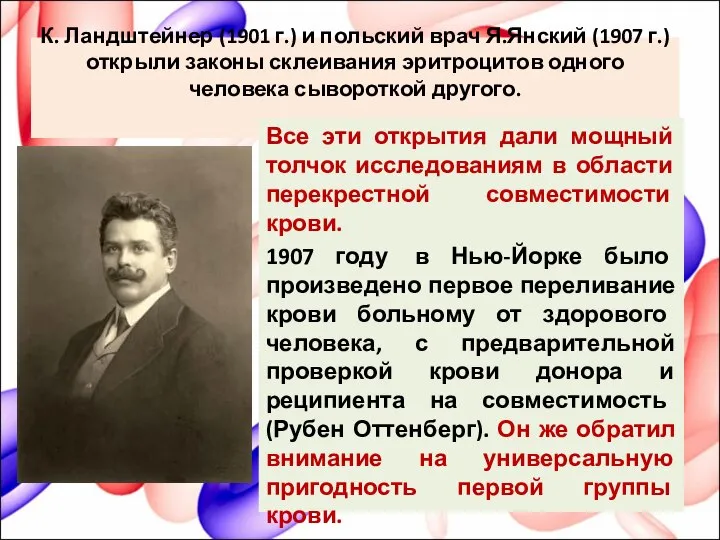 К. Ландштейнер (1901 г.) и польский врач Я.Янский (1907 г.) открыли законы