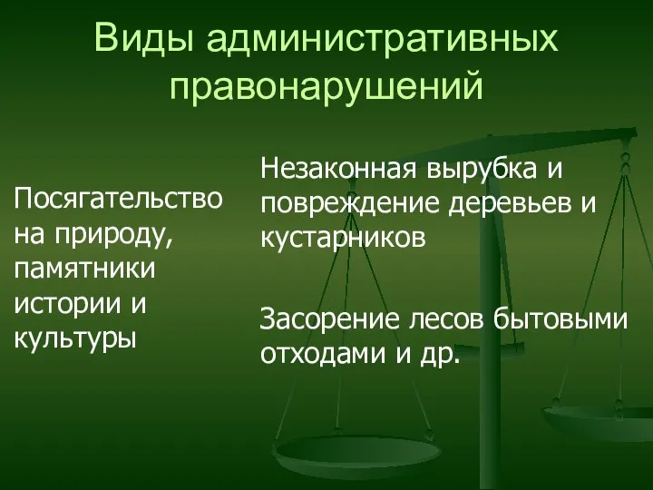 Виды административных правонарушений Посягательство на природу, памятники истории и культуры Незаконная вырубка