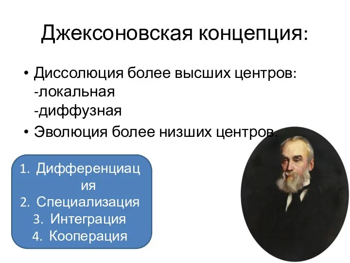 Джексоновская концепция: Диссолюция более высших центров: -локальная -диффузная Эволюция более низших центров. Дифференциация Специализация Интеграция Кооперация