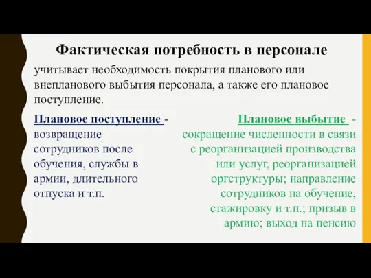 Фактическая потребность в персонале учитывает необходимость покрытия планового или внепланового выбытия персонала,