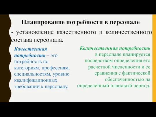 Планирование потребности в персонале - установление качественного и количественного состава персонала. Качественная