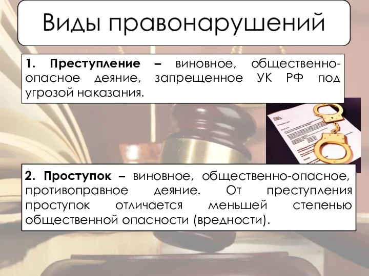 1. Преступление – виновное, общественно-опасное деяние, запрещенное УК РФ под угрозой наказания.