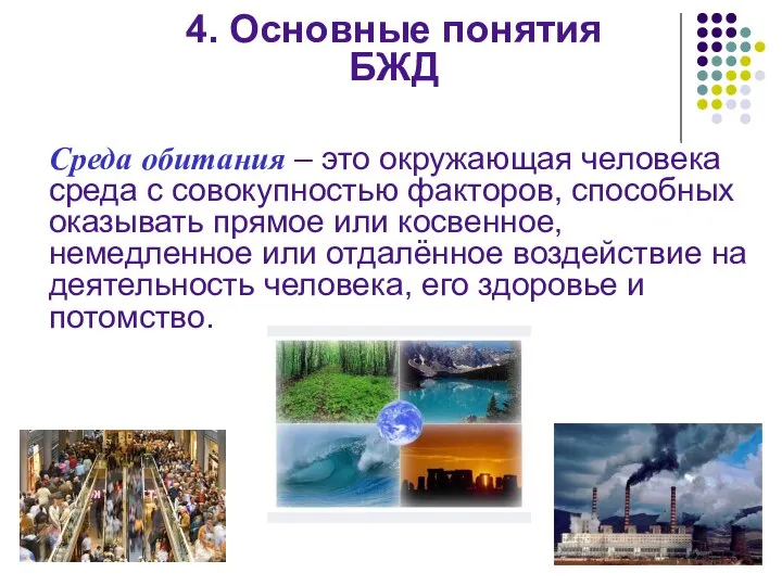 4. Основные понятия БЖД Среда обитания – это окружающая человека среда с