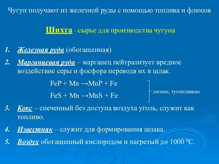 Чугун получают из железной руды с помощью топлива и флюсов Шихта –сырье