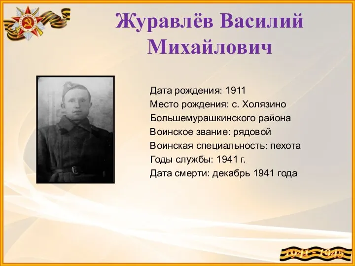 Журавлёв Василий Михайлович Дата рождения: 1911 Место рождения: с. Холязино Большемурашкинского района