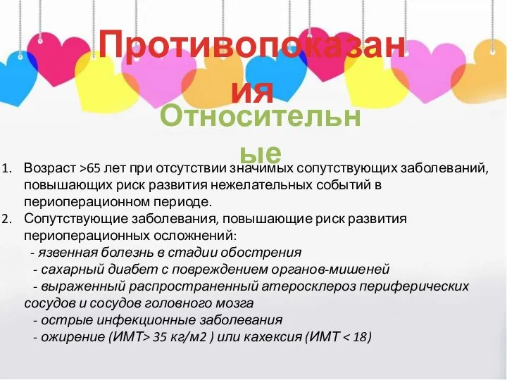 Противопоказания Относительные Возраст >65 лет при отсутствии значимых сопутствующих заболеваний, повышающих риск