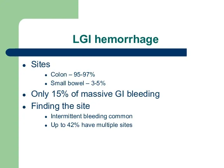LGI hemorrhage Sites Colon – 95-97% Small bowel – 3-5% Only 15%