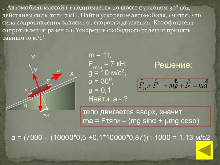 α Х У mg N Fт Fтр a тело двигается вверх, значит