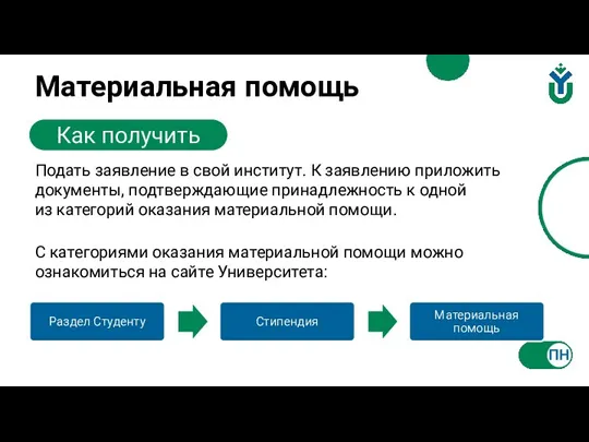 Материальная помощь Как получить Подать заявление в свой институт. К заявлению приложить