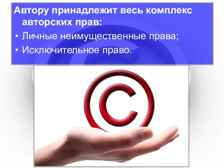 08/29/2023 Автору принадлежит весь комплекс авторских прав: Личные неимущественные права; Исключительное право.