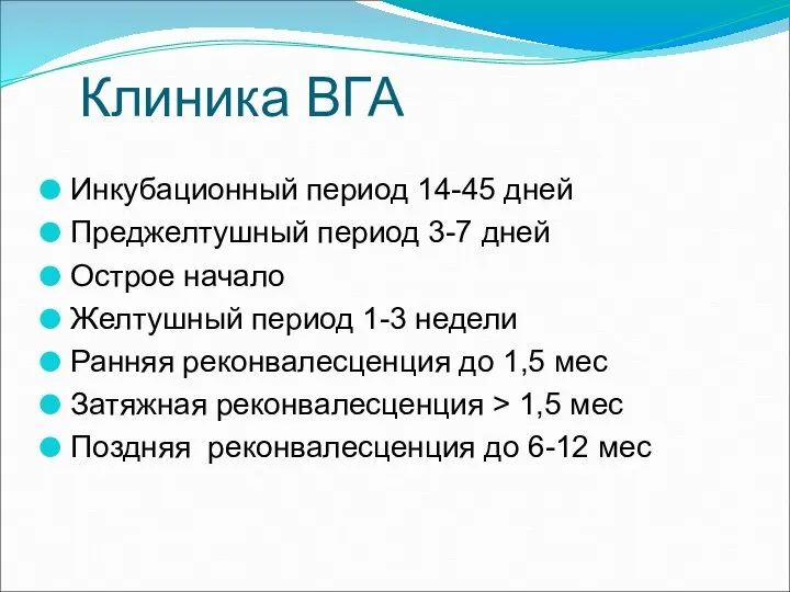 Клиника ВГА Инкубационный период 14-45 дней Преджелтушный период 3-7 дней Острое начало