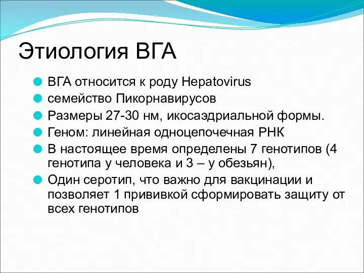 Этиология ВГА ВГА относится к роду Hepatovirus семейство Пикорнавирусов Размеры 27-30 нм,