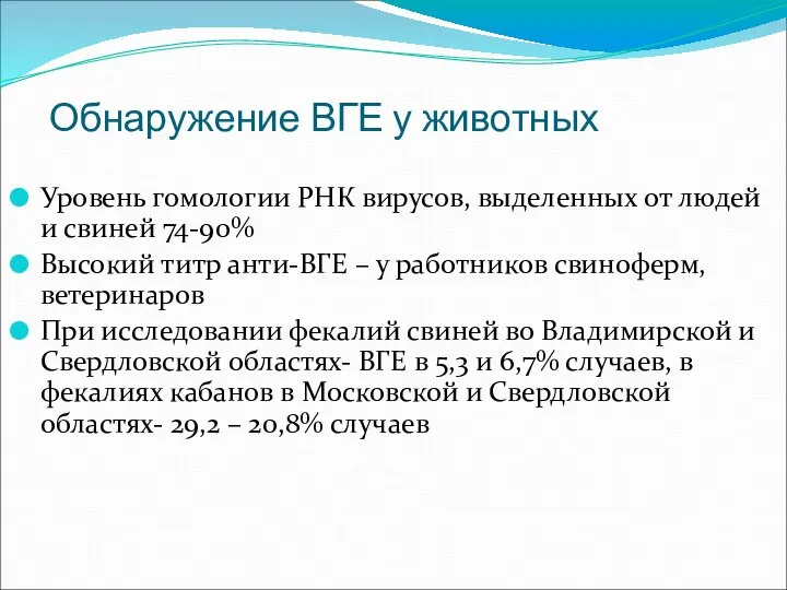 Обнаружение ВГЕ у животных Уровень гомологии РНК вирусов, выделенных от людей и