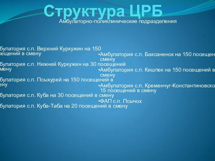 Структура ЦРБ Амбулатория с.п. Верхний Куркужин на 150 посещений в смену Амбулатория