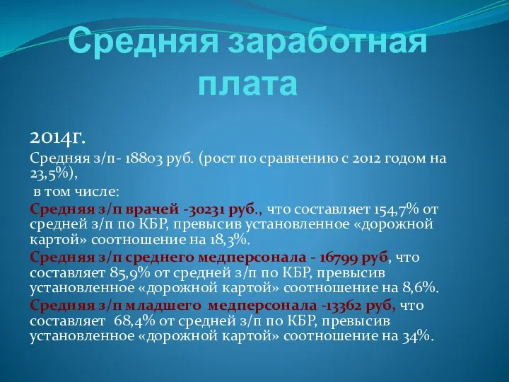 Средняя заработная плата 2014г. Средняя з/п- 18803 руб. (рост по сравнению с