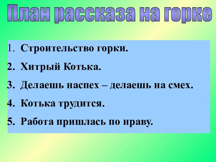 План рассказа на горке Строительство горки. Хитрый Котька. Делаешь наспех – делаешь