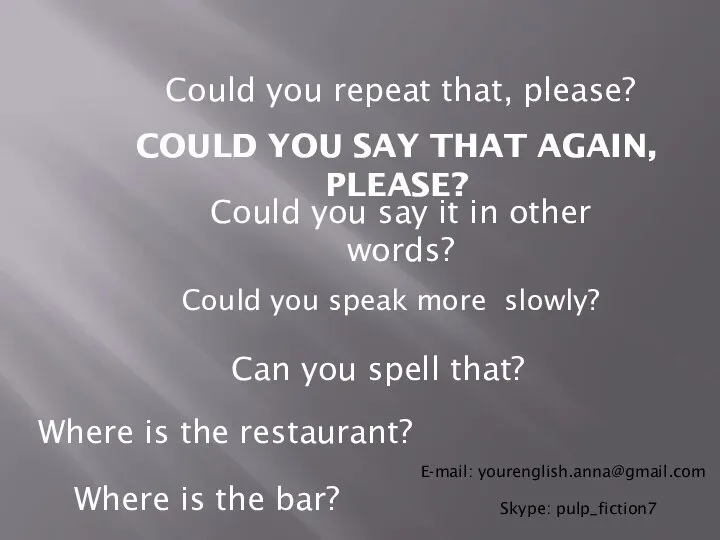 COULD YOU SAY THAT AGAIN, PLEASE? Could you speak more slowly? Could