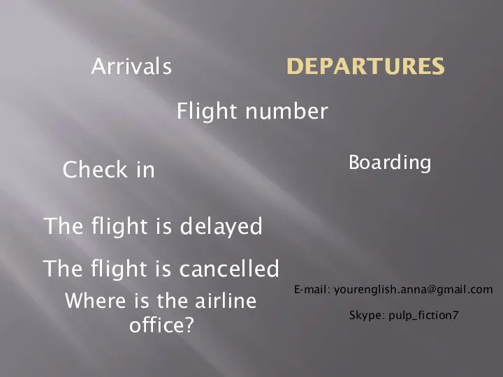 DEPARTURES Boarding Arrivals Flight number The flight is delayed Check in The