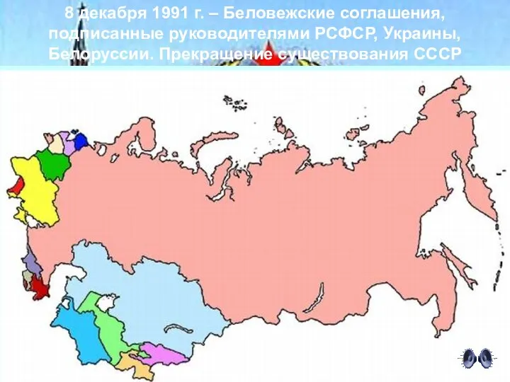 8 декабря 1991 г. – Беловежские соглашения, подписанные руководителями РСФСР, Украины, Белоруссии. Прекращение существования СССР