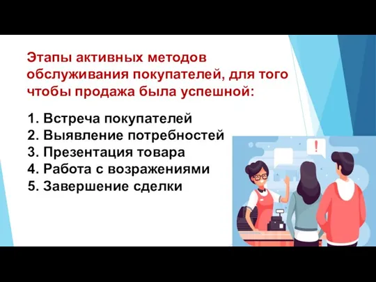 1. Встреча покупателей 2. Выявление потребностей 3. Презентация товара 4. Работа с