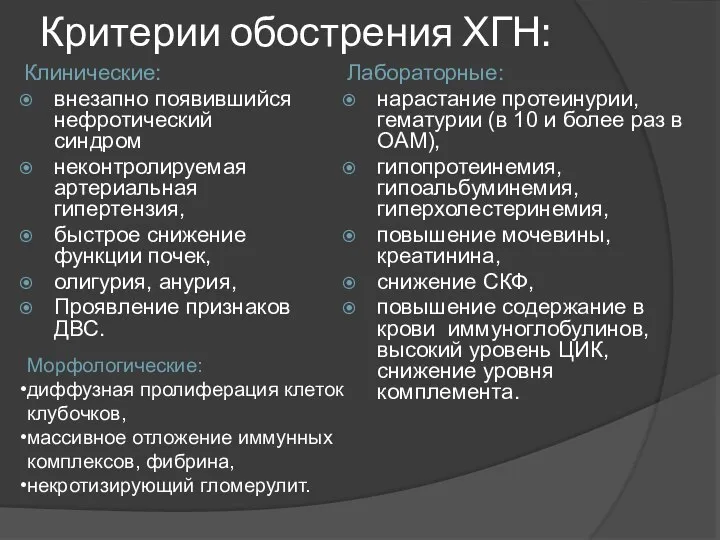 Критерии обострения ХГН: Клинические: внезапно появившийся нефротический синдром неконтролируемая артериальная гипертензия, быстрое