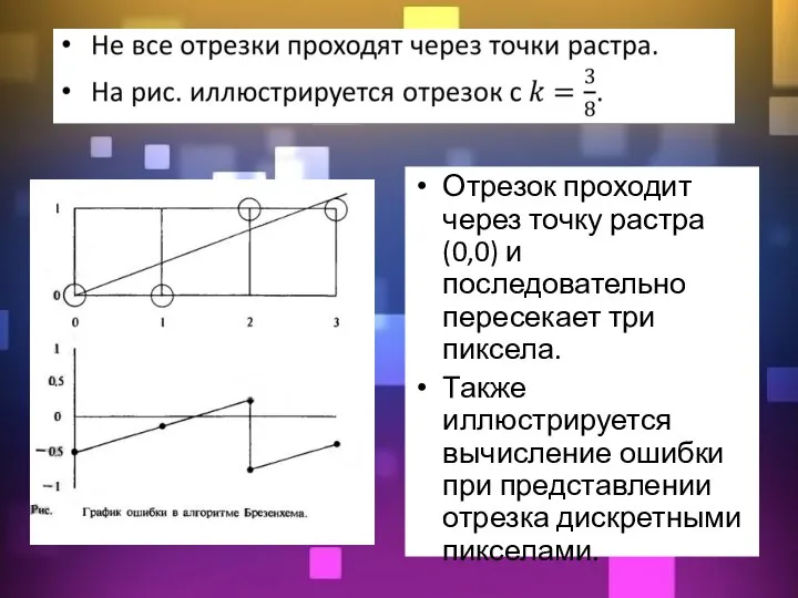 Отрезок проходит через точку растра (0,0) и последовательно пересекает три пиксела. Также