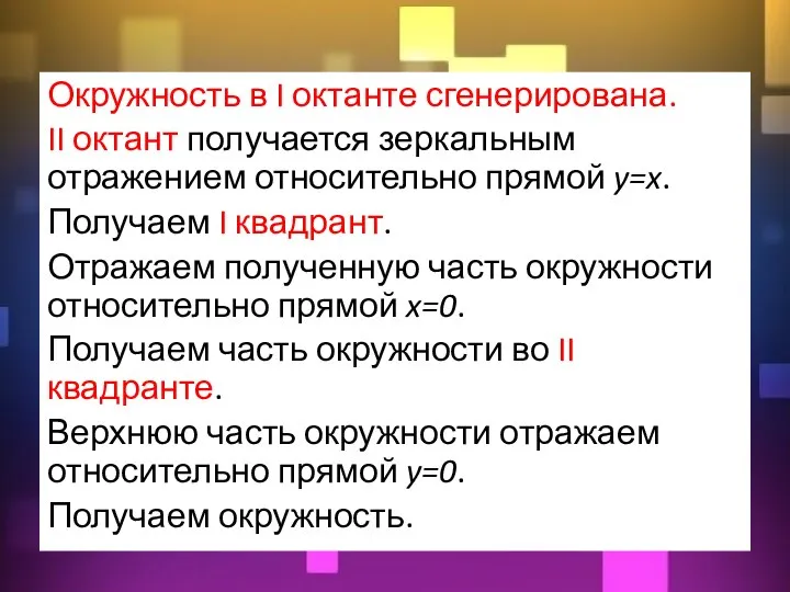 Окружность в I октанте сгенерирована. II октант получается зеркальным отражением относительно прямой