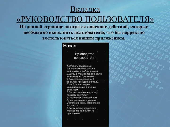 Вкладка «РУКОВОДСТВО ПОЛЬЗОВАТЕЛЯ» На данной странице находится описание действий, которые необходимо выполнить