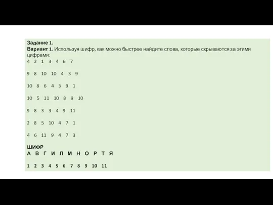 Задание 1. Вариант 1. Используя шифр, как можно быстрее найдите слова, которые