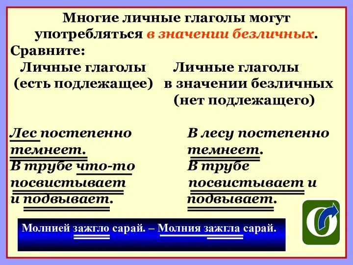 Многие личные глаголы могут употребляться в значении безличных. Сравните: Личные глаголы Личные