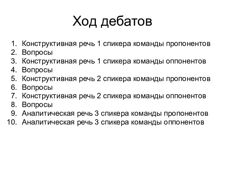 Ход дебатов Конструктивная речь 1 спикера команды пропонентов Вопросы Конструктивная речь 1