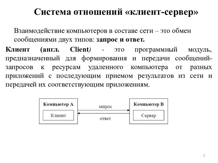 Система отношений «клиент-сервер» Взаимодействие компьютеров в составе сети – это обмен сообщениями