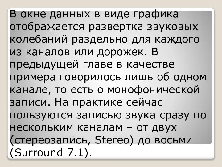 В окне данных в виде графика отображается развертка звуковых колебаний раздельно для