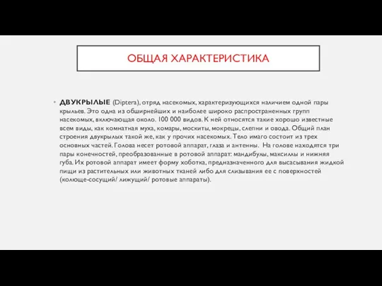 ОБЩАЯ ХАРАКТЕРИСТИКА ДВУКРЫЛЫЕ (Diptera), отряд насекомых, характеризующихся наличием одной пары крыльев. Это