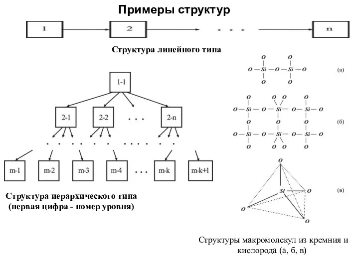 Примеры структур Структура линейного типа Структура иерархического типа (первая цифра - номер