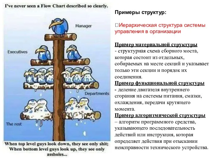 Примеры структур: ?Иерархическая структура системы управления в организации Пример материальной структуры -