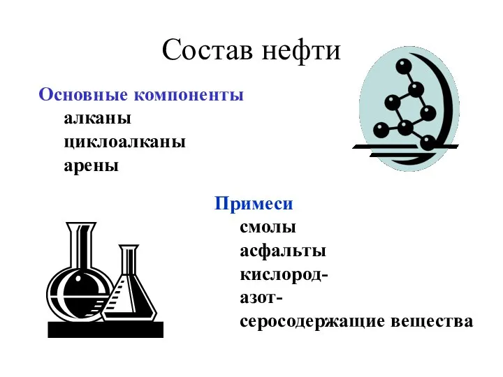 Состав нефти Основные компоненты алканы циклоалканы арены Примеси смолы асфальты кислород- азот- серосодержащие вещества