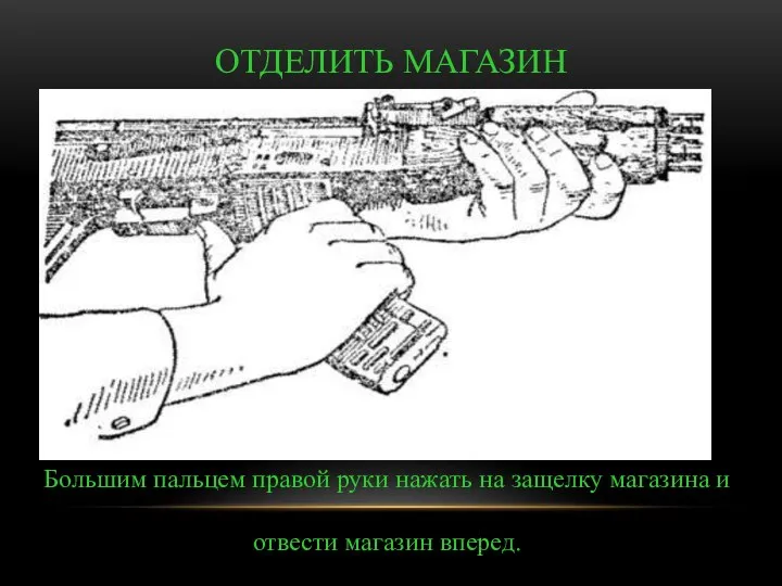 ОТДЕЛИТЬ МАГАЗИН Большим пальцем правой руки нажать на защелку магазина и отвести магазин вперед.