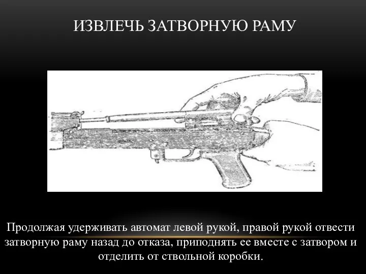 ИЗВЛЕЧЬ ЗАТВОРНУЮ РАМУ Продолжая удерживать автомат левой рукой, правой рукой отвести затворную