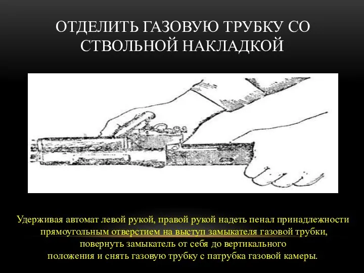 ОТДЕЛИТЬ ГАЗОВУЮ ТРУБКУ СО СТВОЛЬНОЙ НАКЛАДКОЙ Удерживая автомат левой рукой, правой рукой