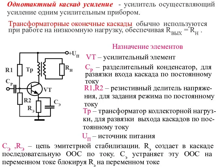 Трансформаторные оконечные каскады обычно используются при работе на низкоомную нагрузку, обеспечивая RВЫХ