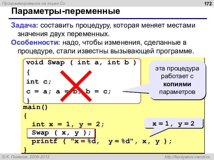 Параметры-переменные Задача: составить процедуру, которая меняет местами значения двух переменных. Особенности: надо,